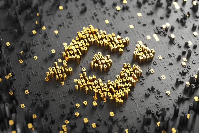 3D Illustration of Gold Binance Coin Logo on the Black Digital Background With Scatter of Digits