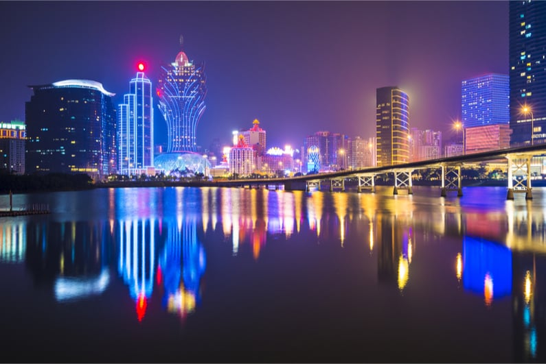 Macau, China, skyline showing high-rise casino resorts.