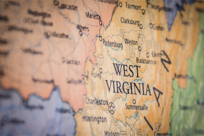 Selective focus on West Virginia on map